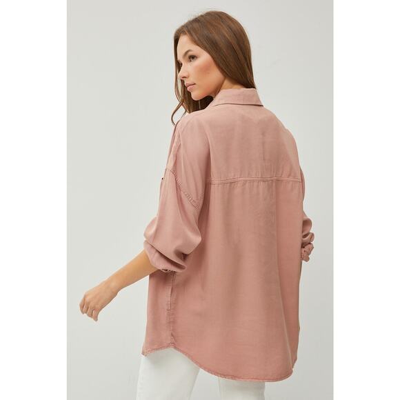RISEN Button Up Long Sleeves Chest Pockets Relaxed Fit Denim Shirt | Mauve - Picture 2 of 6